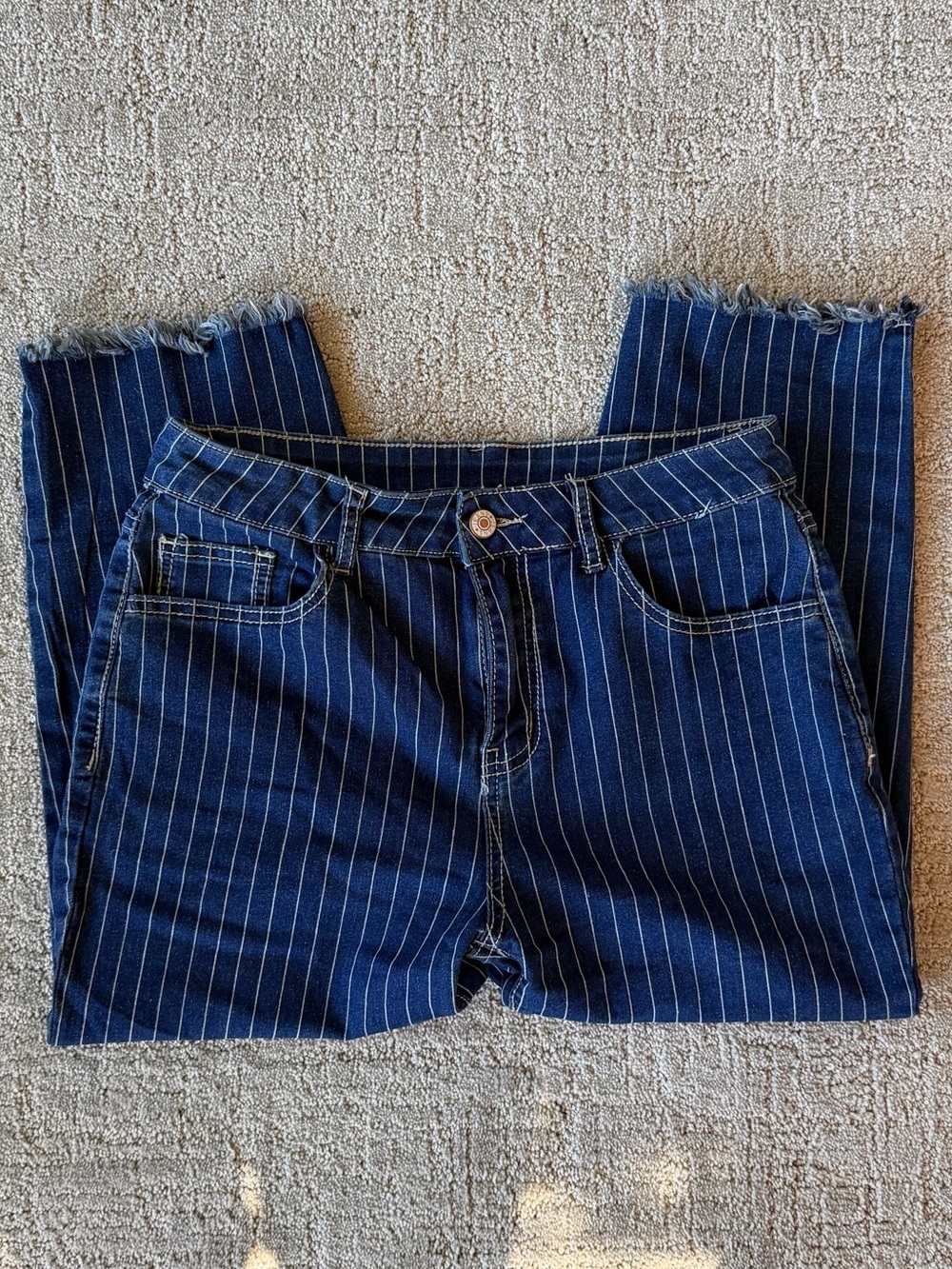 Women’s Pinstripe Skinny Jeans Size 8 Raw Hem Blue Stretch Denim